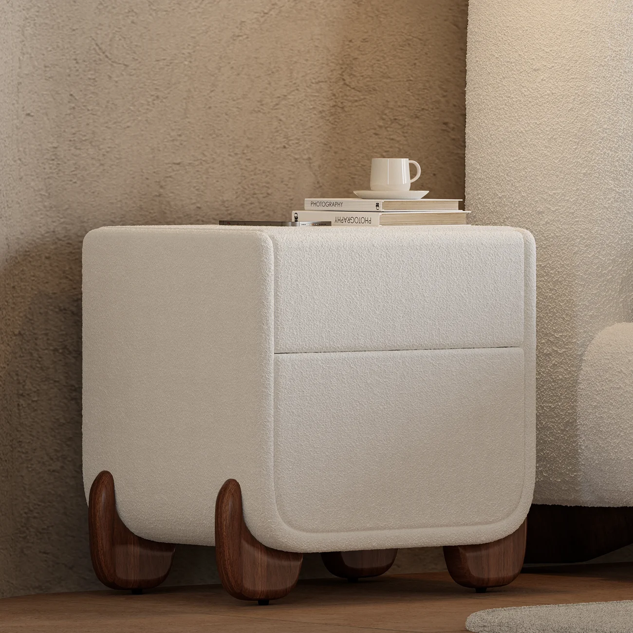 Modern Bedside Table Walnut Legs White Lamb Fabric 2 Drawers Smart Bedside Table Wireless USB Charging Dining Room Bedroom