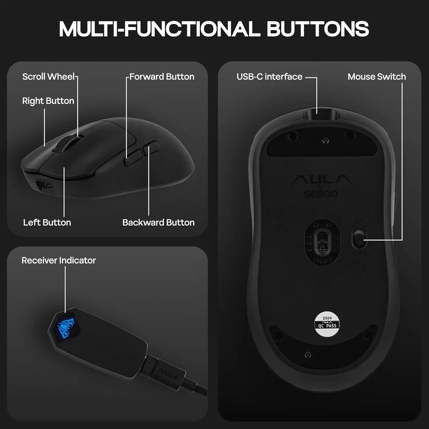 AULA SC800 Gaming Mouse USB-C Com Fio/2.4G 37g Leve 8K Paw3395 Sensor Ratos Personalizados PC E-Sports Gamer Acessórios Presentes