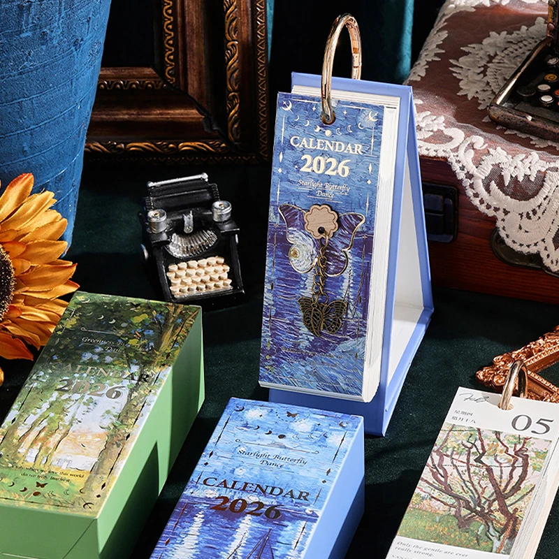 2026 أجندة مكتبية /رزنامة مكتبية، لوحة زيتية عتيقة، اقتباسات ملهمة، صفحة واحدة، تحويل مخطط يومي