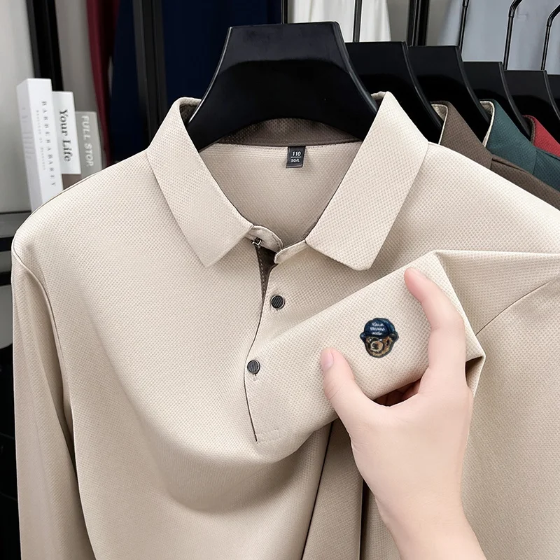 

High End Quality Men's Polo Shirt Lapel Long Sleeve T-Shirt Autumn New Arrival Bear Print Anti Wrinkle Business Office Men'sWear