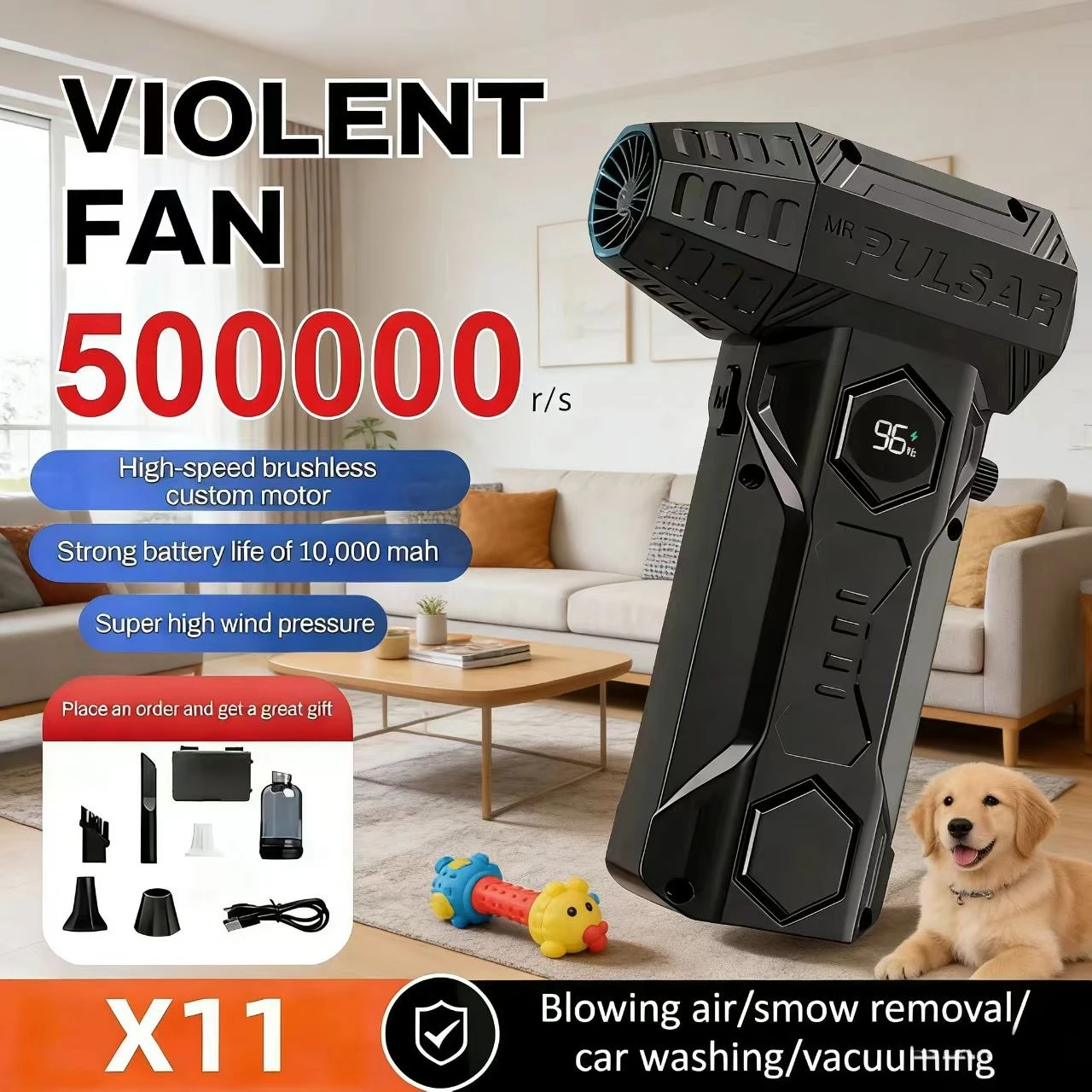 

Мощный фен с вентилятором, X11 500000 об/мин, дисплеем уровня заряда батареи, пылесос для снега и пыли, автомобильный струйный вентилятор, дополнительное использование.