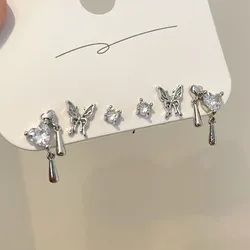 Y2K 6Pcs/set Silver Color Rhinestone Butterfly Stud Earrings for Women Fashion Punk Heart Earring Sets 2026 Trendy Jewelry Gifts