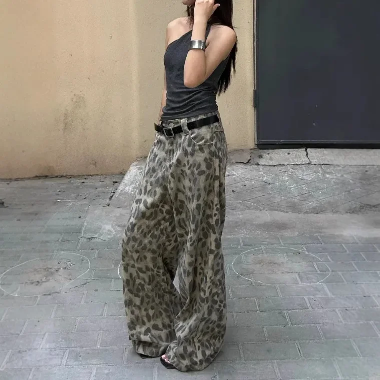 유럽과 미국의 복고풍 레오파드 프린트 청바지 여성 y2k 하이 스트리트 베이브 힙합 힙합 캐주얼 모핑 롱 팬츠