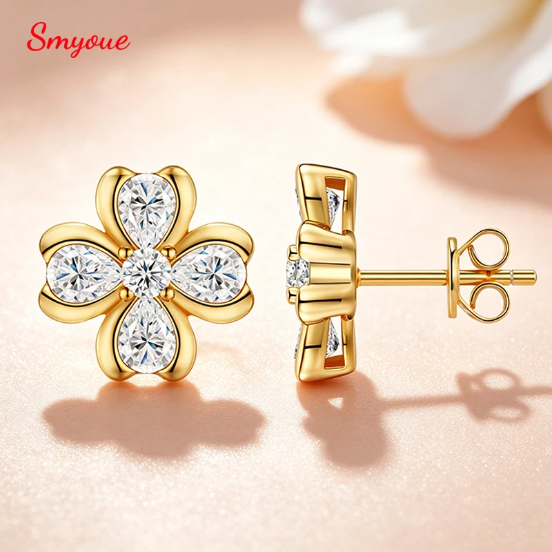 Smyoue New 2.52CTTW Full Moissanite Flower Stud Earrings for Women Shine Lab Diamond Wedding Fine Jewelry S925 Sterling Silver