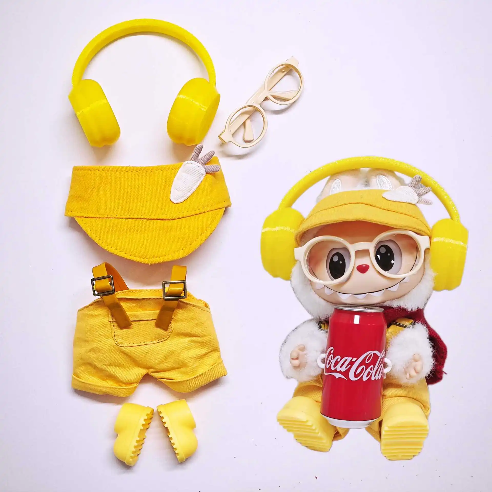 

[Doll clothes only] Labubu Gen1-3 Clothing - Plush doll 17cm labubu cola series clothing set - bucket hat, overalls, shoes