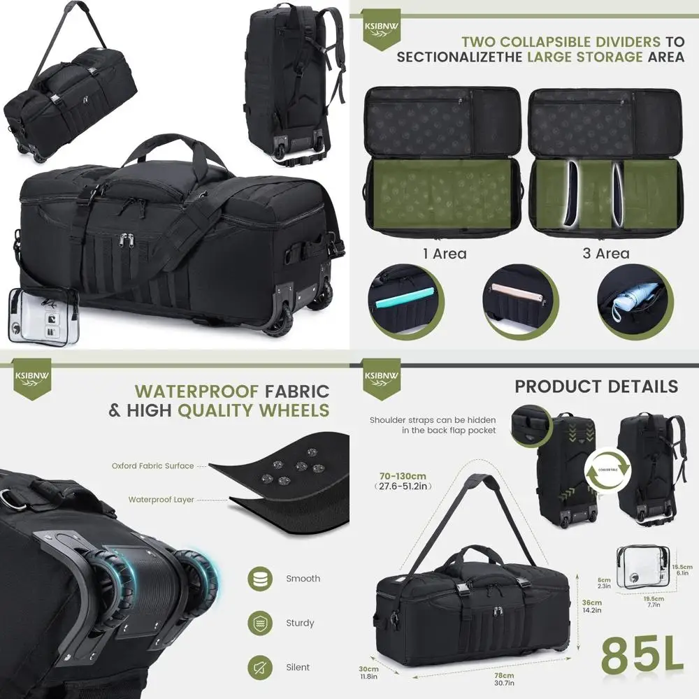 

Waterproof Tactical Rolling Duffel Bag with Wheels and Handle, 4-in-1 Military Backpack, 86L Capacity, Hidden Straps for Versati