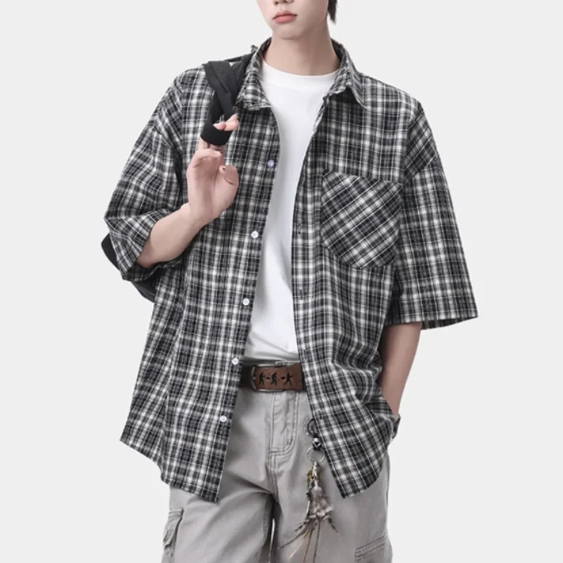 MWJLPWQ Men's Checkered Half Sleeve Shirts Casual Loose Cardigan Versatile Fashion Tops Coat 2026 Spring Summer New 17451
