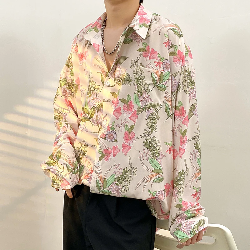 

Summer Floral Shirt Men's Long Sleeve Design Korean Style Hawaiian Style Draping Effect Shirt Coat T Shirt Men Clothing