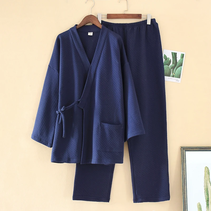 Men's Japanese Kimono Yukata Pajamas Set Air Layer Thickening Trousers Two-piece Suit Yukata Pijama Robe Suit Plus Size