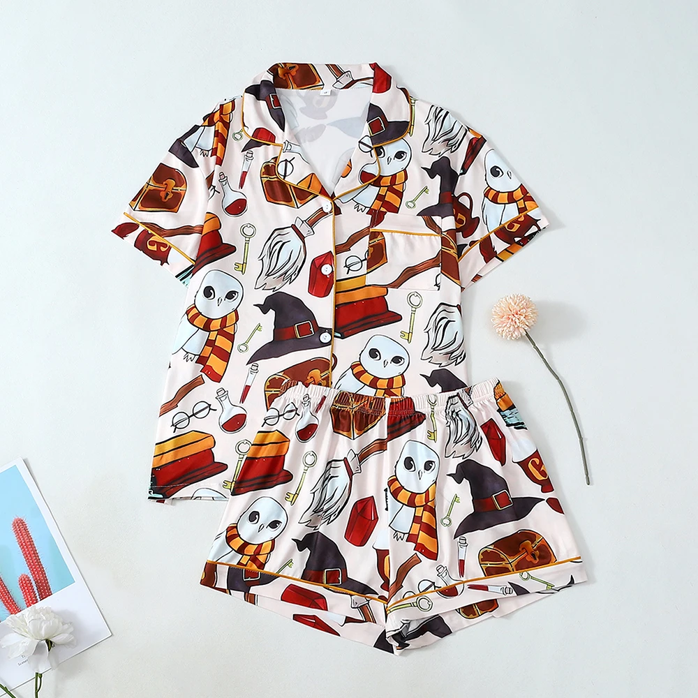 

2Pcs Halloween Cartoon Print Pajama Set For women Comfortable Leisure Summer Sleepwear Cardigan Lapel Collar Short-Sleeve Shorts