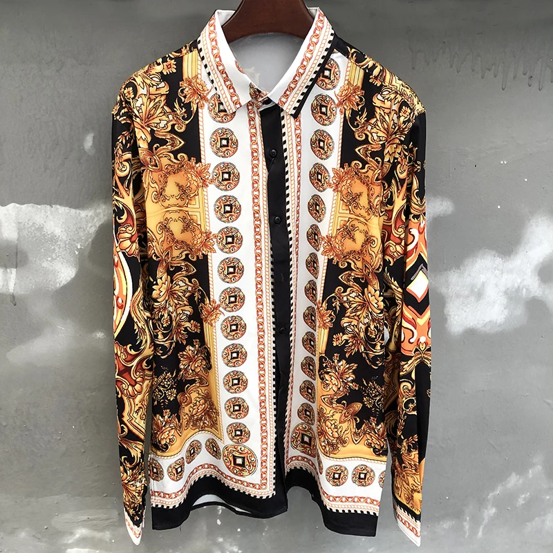 

Hawaiian Shirts Vintage Gold Baroque Print Long Sleeve Shirt Tops Casual Dress Slim Fit Men Clothes Holiday Mode Chemise Homme