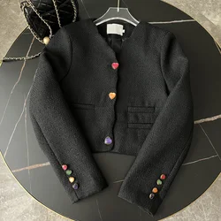 Autunno moda nero Tweed giacca corta cappotto per le donne scollo a V manica lunga monopetto Casual Cardigan capispalla femminile