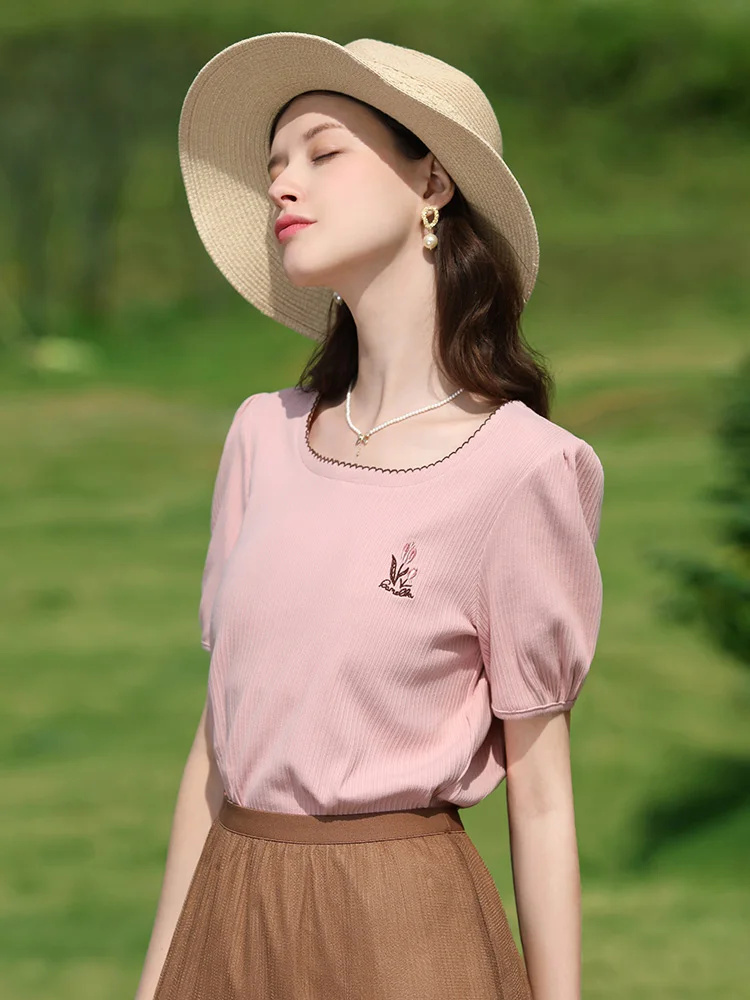 I BELIEVE YOU Embroidery U Collar Puff Short Sleeve T-shirts For Women 2024 Summer New Chic Slim Basic Blouses Female 2242015657