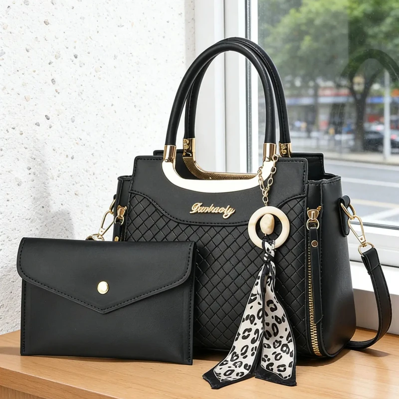 Elegant Women's Handbag Set, High-Quality Diamond Weave Design, Leopard Print Scarf Decoration, Large Capacity Shoulder Bag