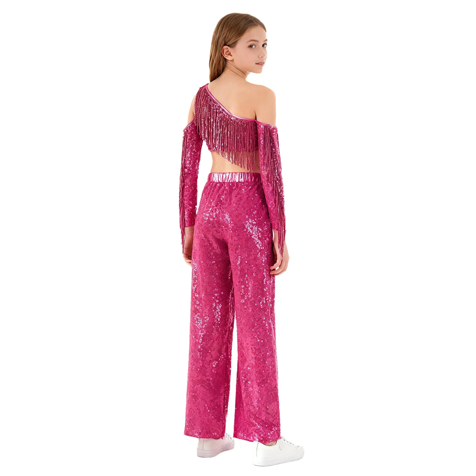 

Kids Girls Metallic Shiny Disco Jazz Dance Performance Costume One Shoulder Sequins Tassels Crop Top with Pants for School Party