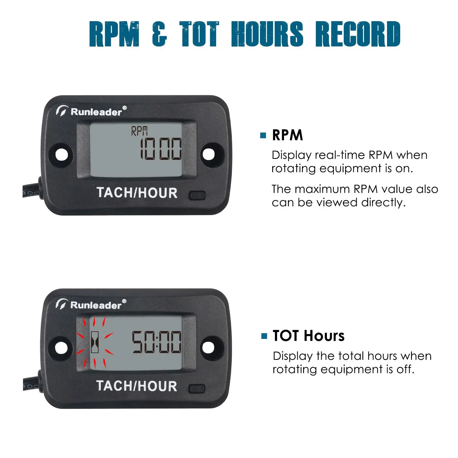 Rotary Shaft Hour/Tach Meter with RPM Sensor & Maintenance Alert, IP68 for Lawn Mower Generator Marine Diesel/Gas Engines