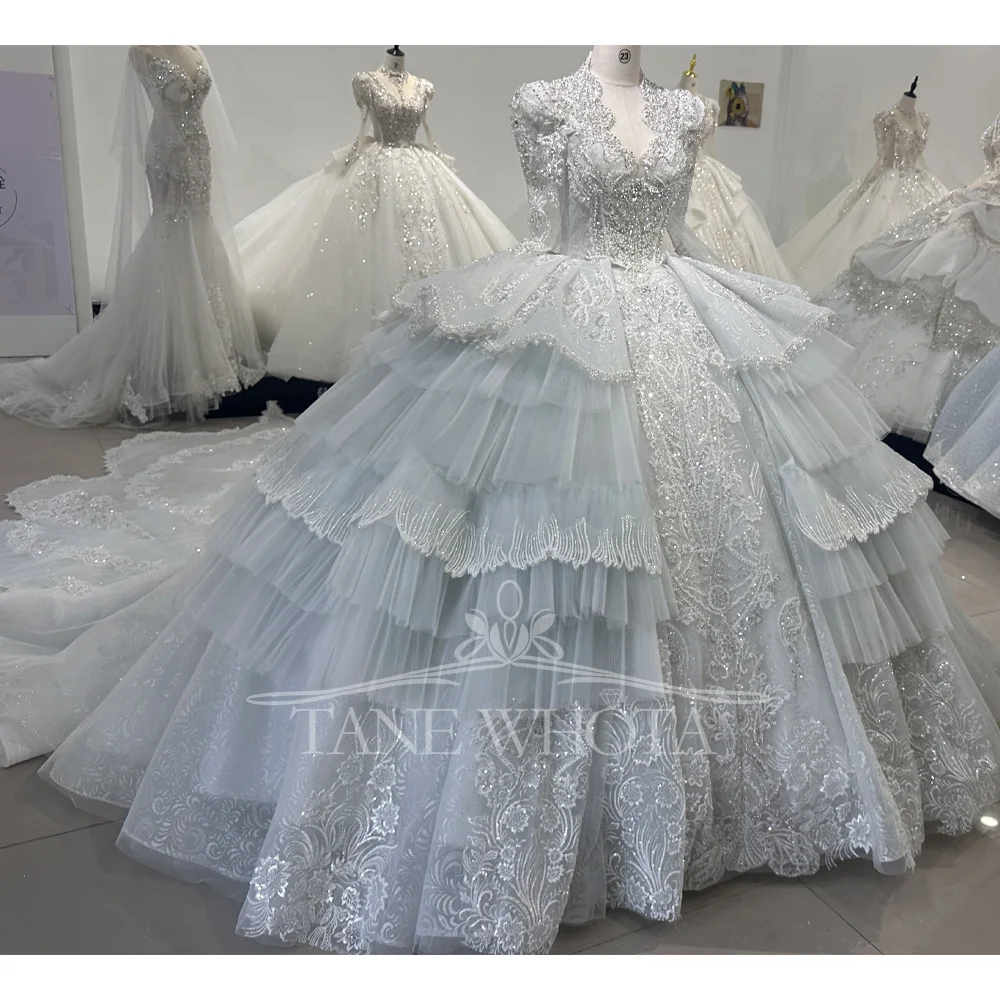 Robe de mariée festonnée à manches longues pour femmes, dos à lacets, perles et paillettes, robe de bal personnalisée, détail trou de serrure