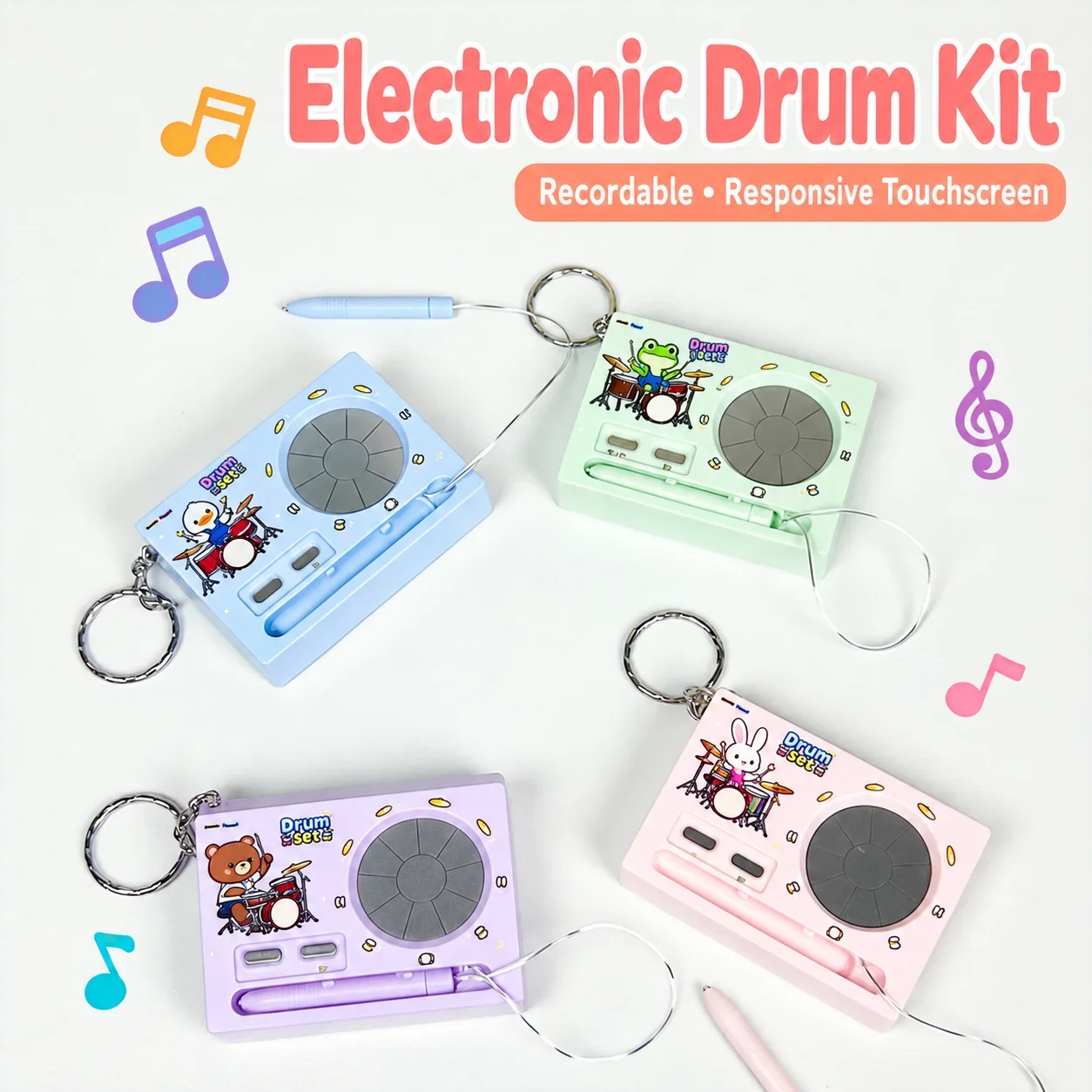 @@Mini Electronic Drum & Piano Music Keychain, Recordable Touchscreen Cartoon Charm, Fun Stress-Relief Fidget Toy