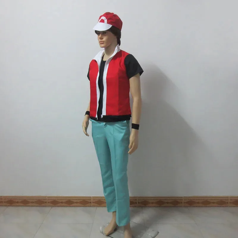 أزياء أنيمي Game Hot Trainer باللون الأحمر مع قبعة وواقي المعصم متضمنة - الزي التنكري Ash Ketchum