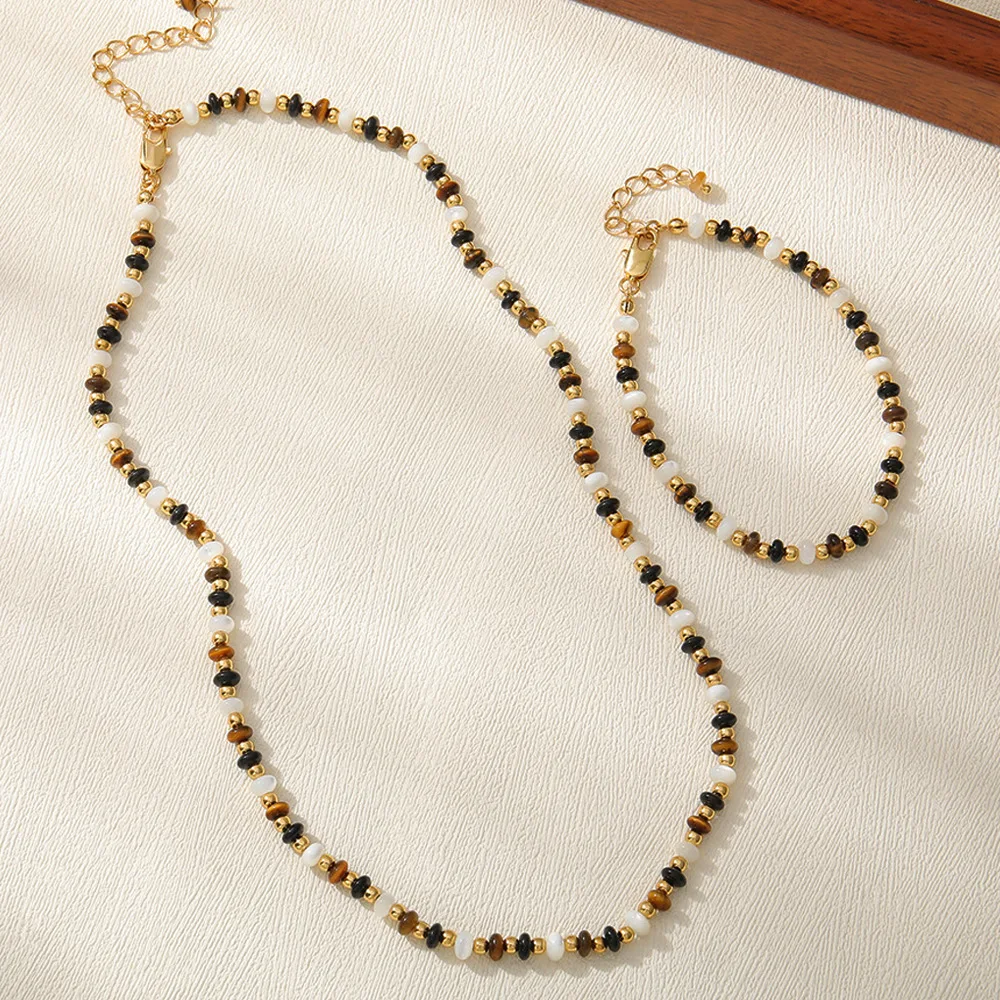 Vintage Maillard Color Tiger Eye Shell Bead Necklace Bracelet Set High Quality Gemstone Jewelry Gift