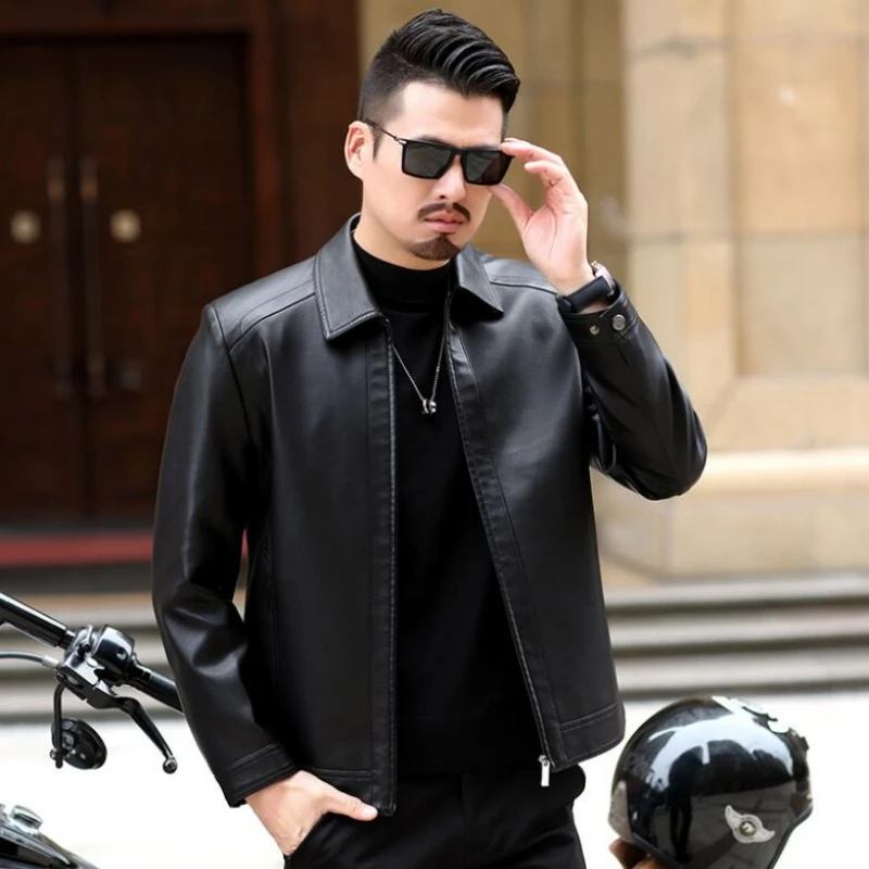 Blouson de moto en cuir véritable pour homme, vêtement masculin à la mode