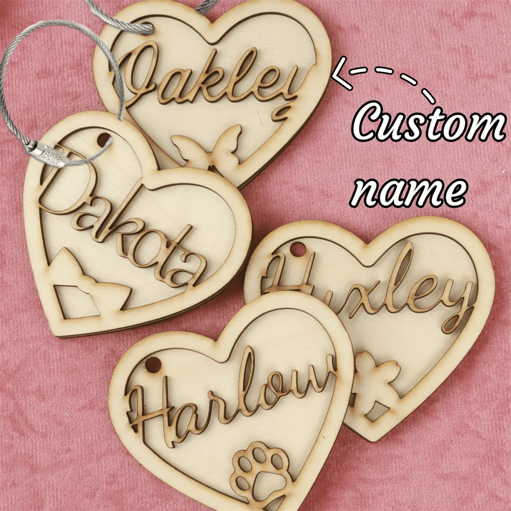 Custom Heart-Shaped Key Chain Personalized Cut Double-Layer Wooden Name Tag Flower/Dog Paw/Butterfly Bow Custom Name Keychain