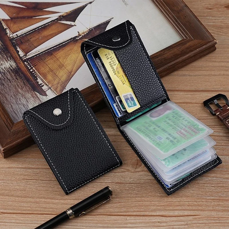 Vintage Pebbled Snap Button Card Holder, Multi-Page Clear ID Slots, Integrated Storage Pouch for Driver License & Bank Cards