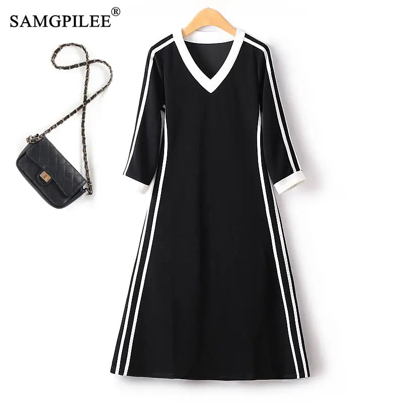 

V Neck Three Quarter Sleeve Elegant And Pretty Women's Dresses 2023 New Autumn Patch Strip Knee Length Black Female Dress 4XL