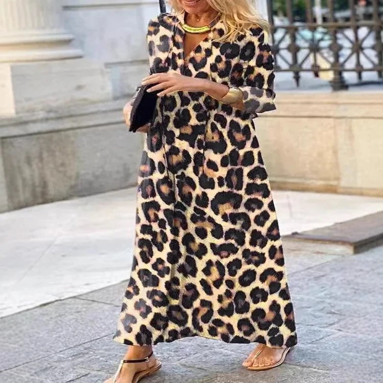 

Elegant Dress Autumn Long Sleeve Leopard Print Dress Womens Hem Loose Elegant Dress Party Dress WomanV-Neck Shirt New Long Dress