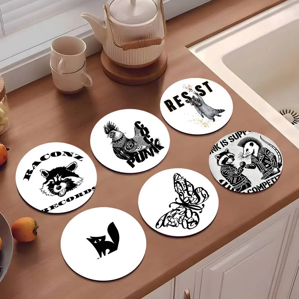1pc Creative Punk Round Animal Letter Wooden Coaster Colour 