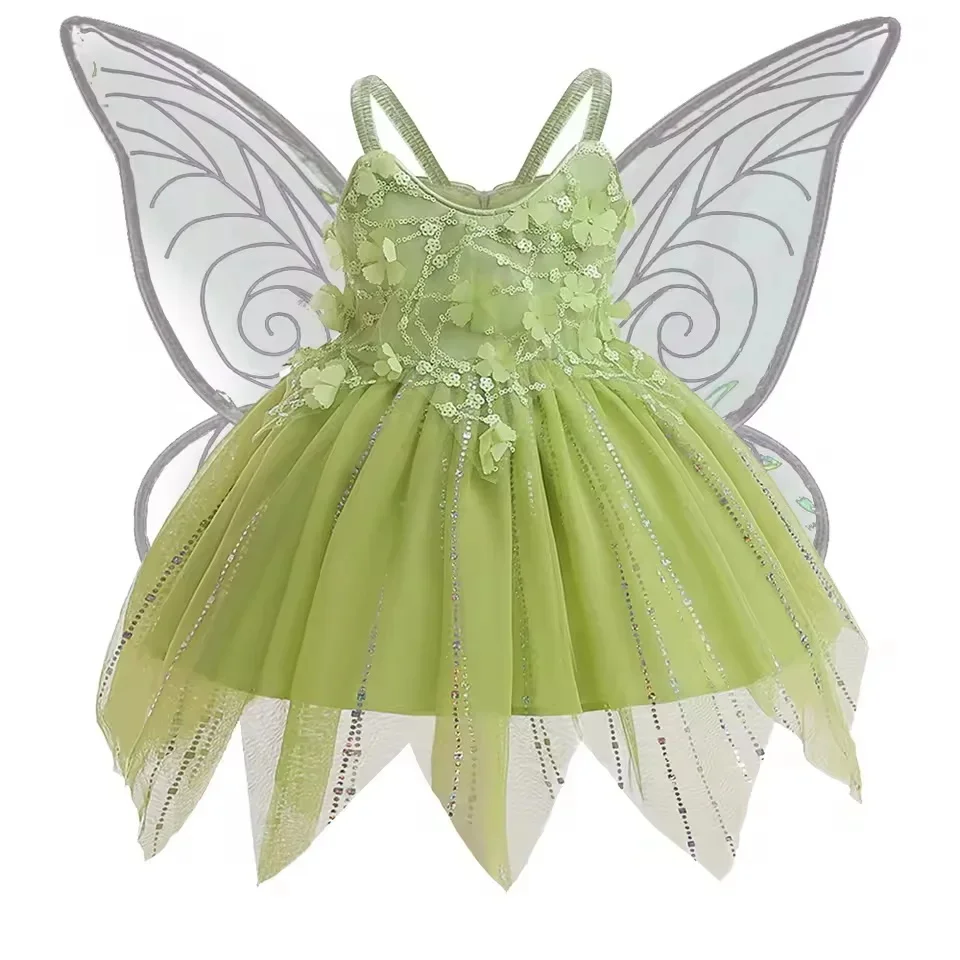 

Elf Princess Cosplay Green Dress With Wing Carnival Party Tinker Bell Flower Girl Wedding Dress Kids St. Patrick's Day Costume