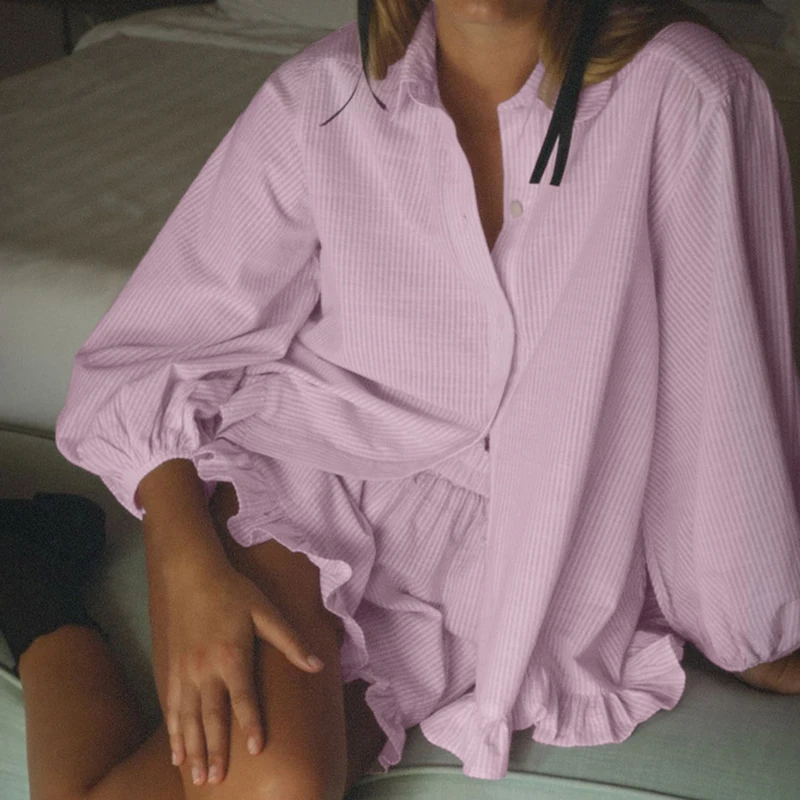 Tornova Fashion Striped Suit For Women Laple Puff Sleeve Ruffled Shirt Loose Casual Shorts Two Piece Set Summer Fashion Outfits - Image 5