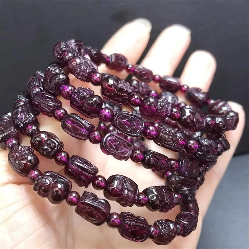 7X9MM Natural Purple Garnet Pixiu Bead Bracelet Gemstone Crystal Healing Round Bead Bracelet Women Men Fine Jewelry 1PCS
