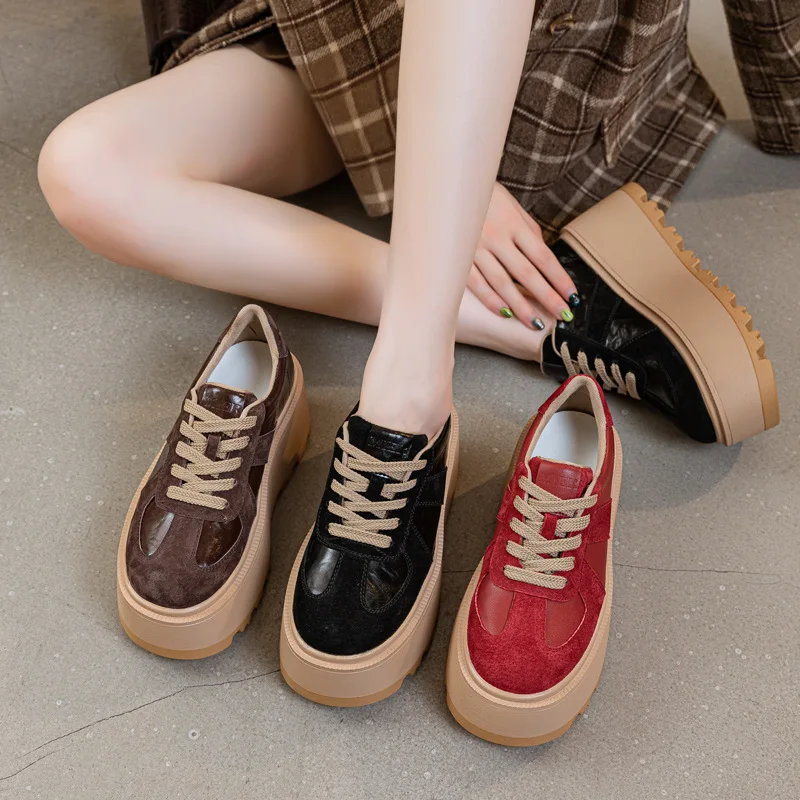 

New Fashion High Quality 8CM Genuine Leather Breathable Chunky Sneaker Flats Booties Boots Spring Autumn Women Vulcanize Shoes