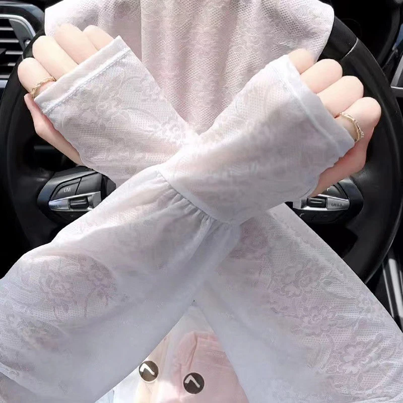 Manches fines en dentelle et soie glacée, Protection solaire Anti-UV, couvre-bras, gants de cyclisme en plein air