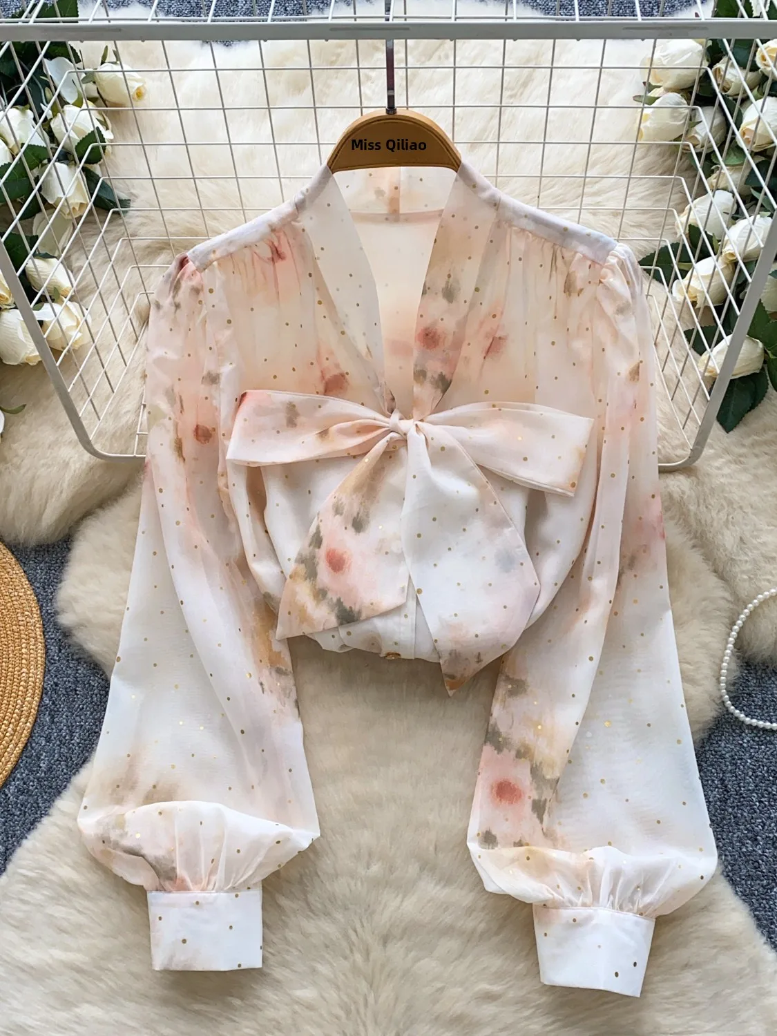 

Ele V-Ne Long Sve Шифоновый топ с принтом и галстуком-бабочкой French Sle Свободный крой Дышащий удобный женский топ irt