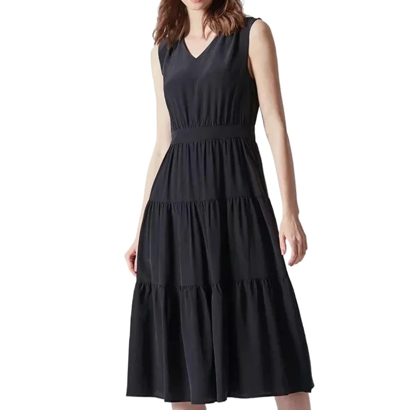 فستان نسائي عالي الخصر 100% فساتين حريرية حقيقية للنساء 2024 فستان أسود ميدي فستان صيفي نسائي عتيق Zjt2218