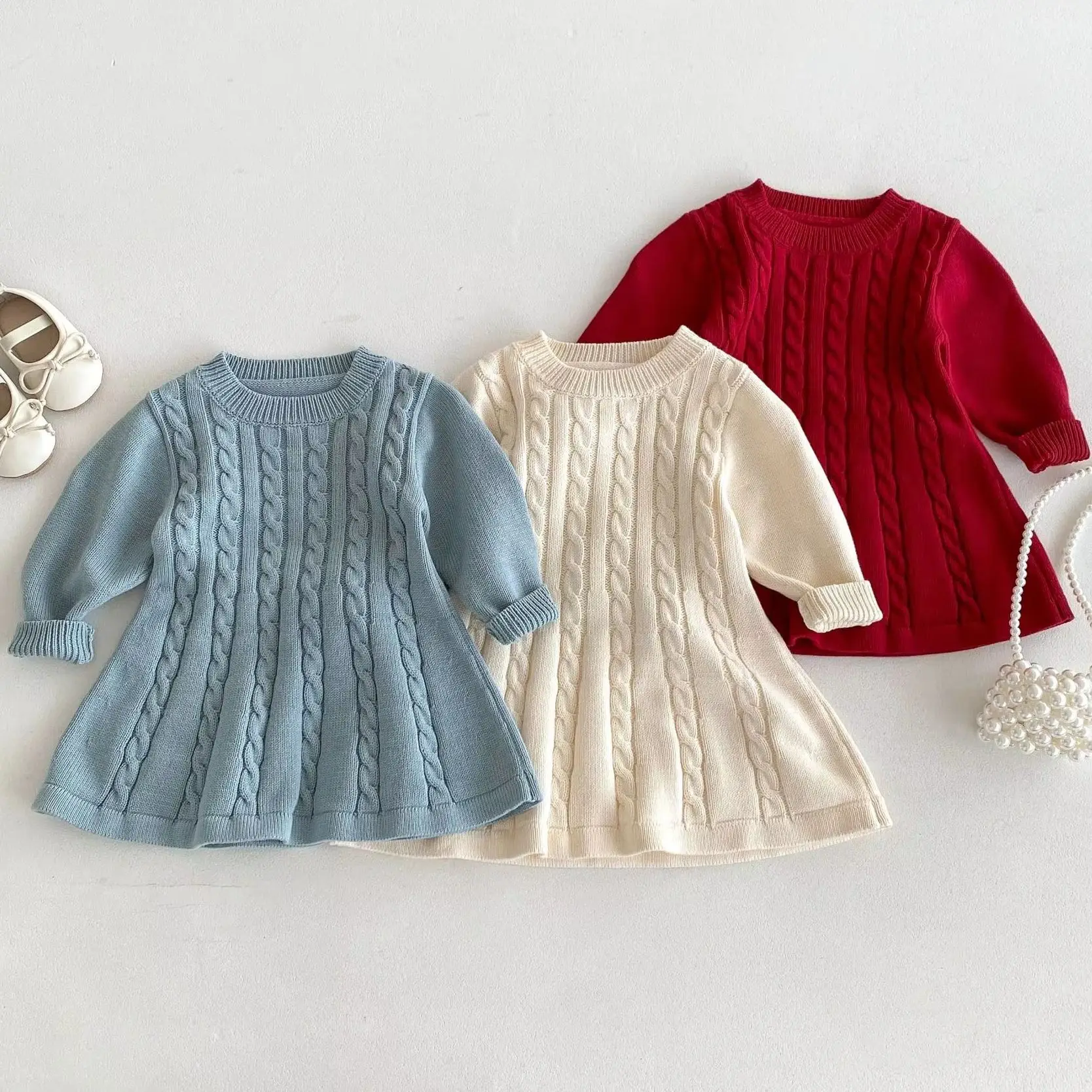 

2025 Kids Clothe New Autumn Winter Korean Style Girls' Sweater Dress Round Neck Long Sleeve Tops For Warm Children's Clothing