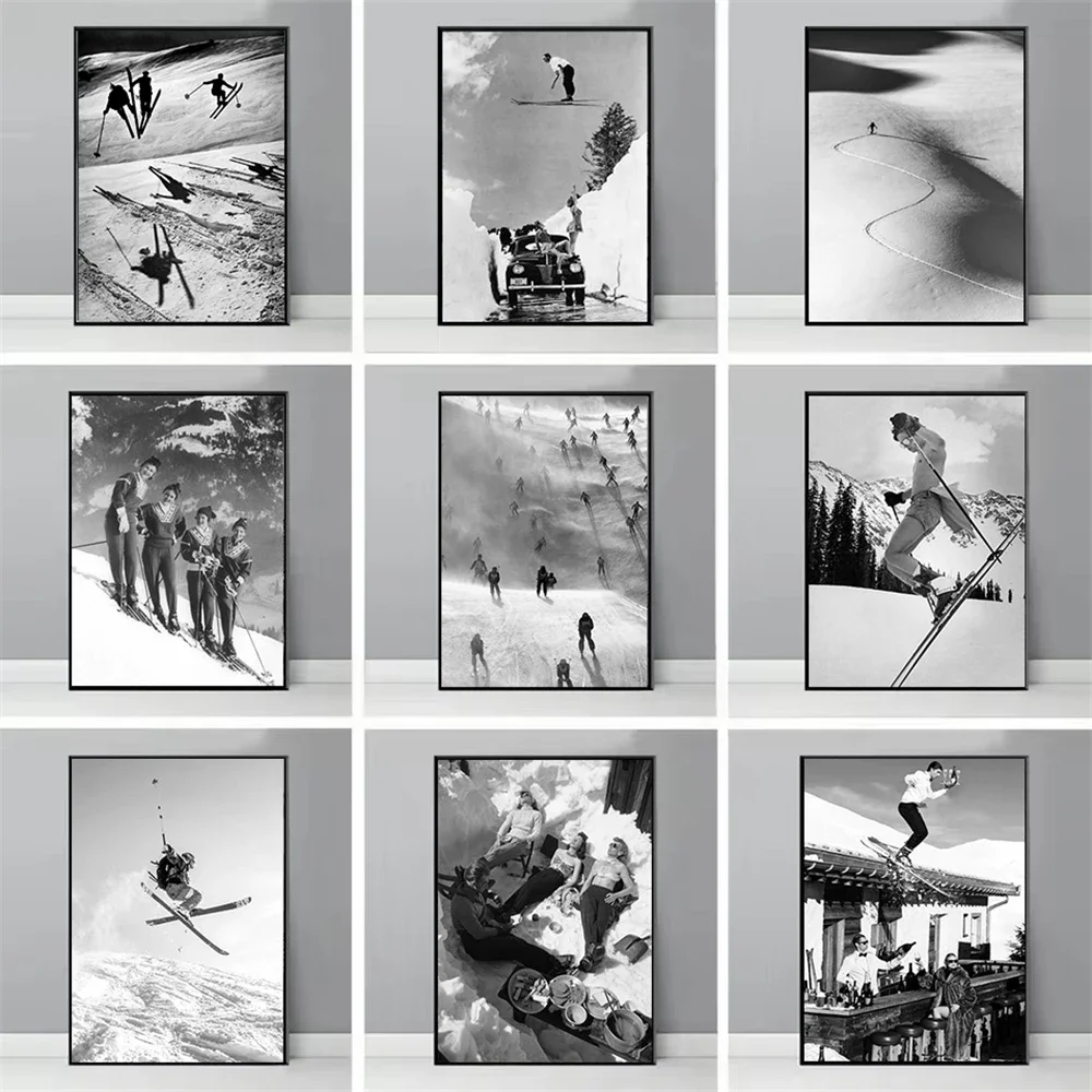 2027 Black And White Vintage Ski Photo Poster Winter Sports Skiing Canvas Painting Skier Jumps Wall Art Print Living Room Home