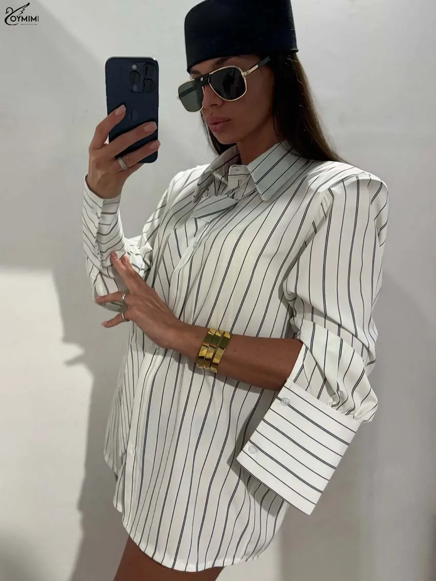 Oymimi Fashion White Print Woman Blouses Elegant Turn-Down Collar Long Sleeve Tie Blosues Autumn Single Breasted Female Blouse