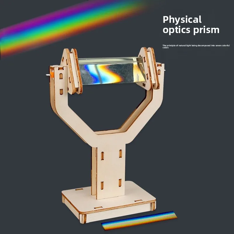 Triangular Optical Glass Prism with Wooden Stand, Physics Optics Reflection Refraction Experiment Kit, School DIY Science Making