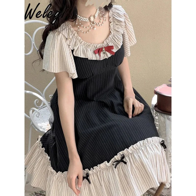 

Womens Cute Lolita Dress Fashion Summer New Streetwear Commute Sweet Pure Cotton with Chest Pad Striped A Line Large Hem Dresses