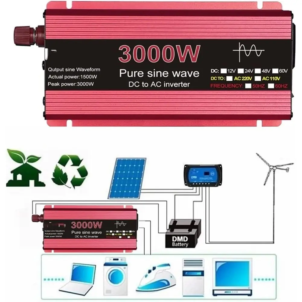 Inversor de onda sinusoidal pura de 3000 W, 12 V a 220 V, 50 Hz, opciones de salida de 2200 W-1600 W-1000 W