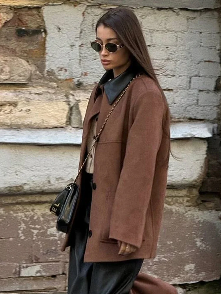 Autumn Casual Pocket Jacket Overcoat Female Retro Splicing Lapel Loose Warm Commute Outwear 2025 New Women's Jackets Coat