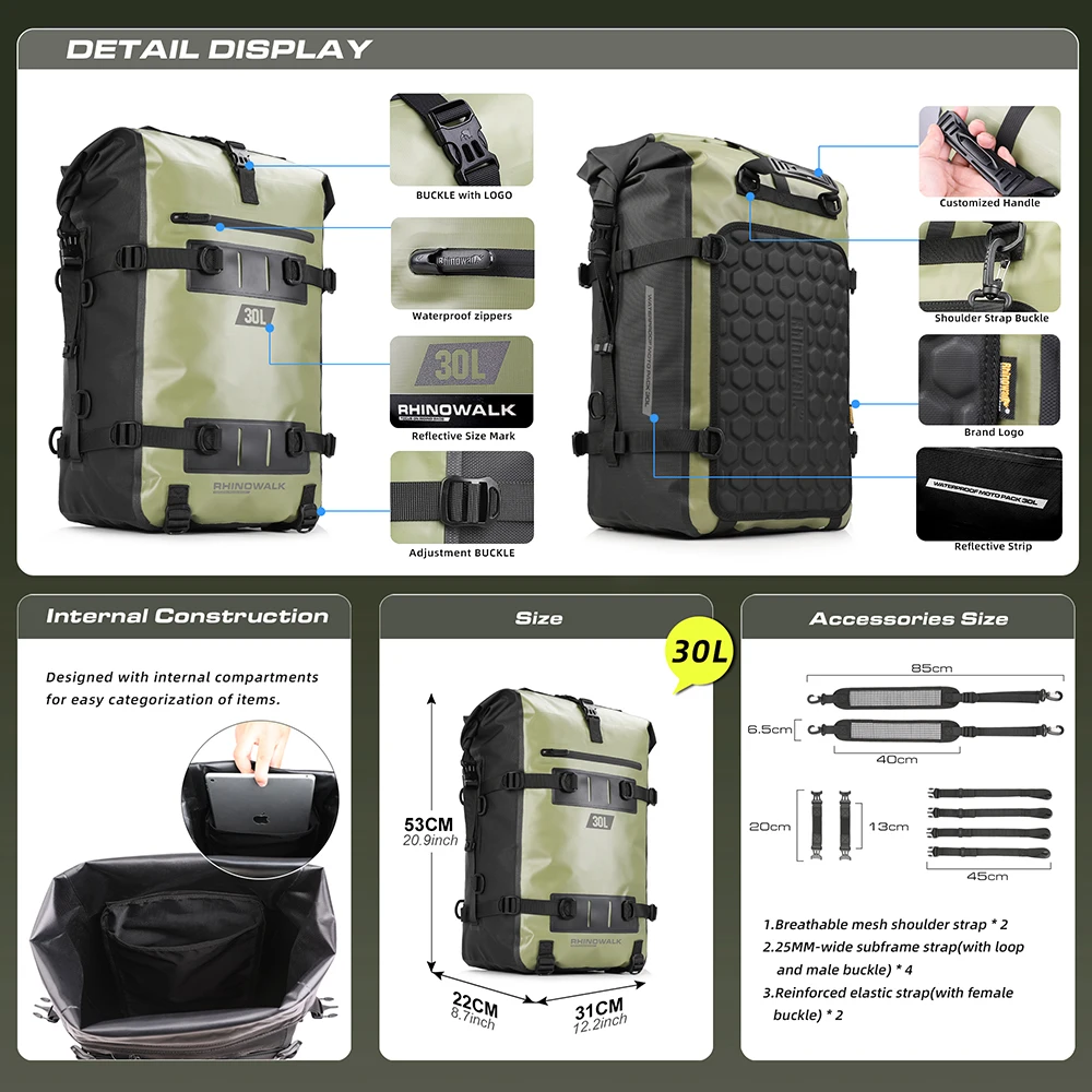 Rhinowalk Motorcycle Back Seat Bag Waterproof 8L/15L/30L Motor Tail Storage Luggage Outdoor Pannier Saddle Bag Accessories