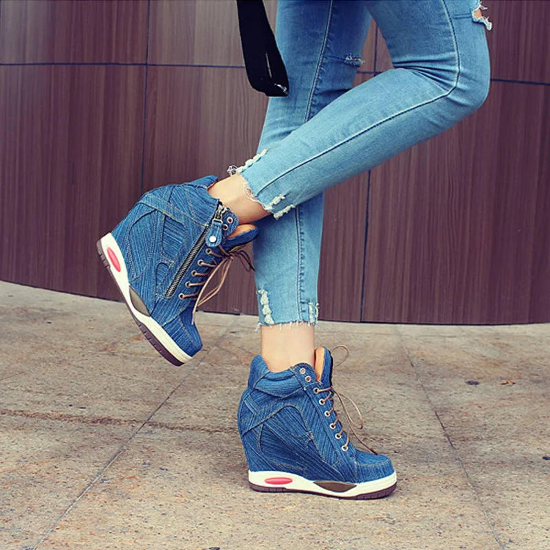 Comemore-Zapatillas de tela vaquera con plataforma para mujer, zapatos vulcanizados con cremallera, suela gruesa, talla grande 41