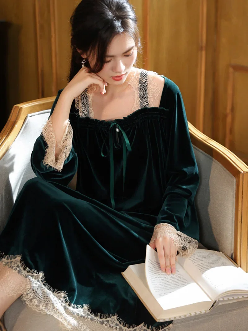 Women Autumn Winter Velour Victorian Ruffles Lace Long Sleeve Robe Vintage Princess Nightgowns Femme Night Dress Loose Sleepwear