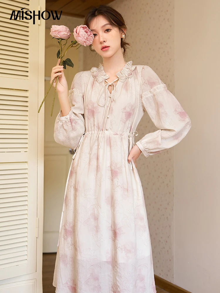 MISHOW [Rose Series] French Tea Break Dress Autumn 2023 Sweet V-Neck Lace-up Three-dimensional Decoration Waist Dress MXC41L1559