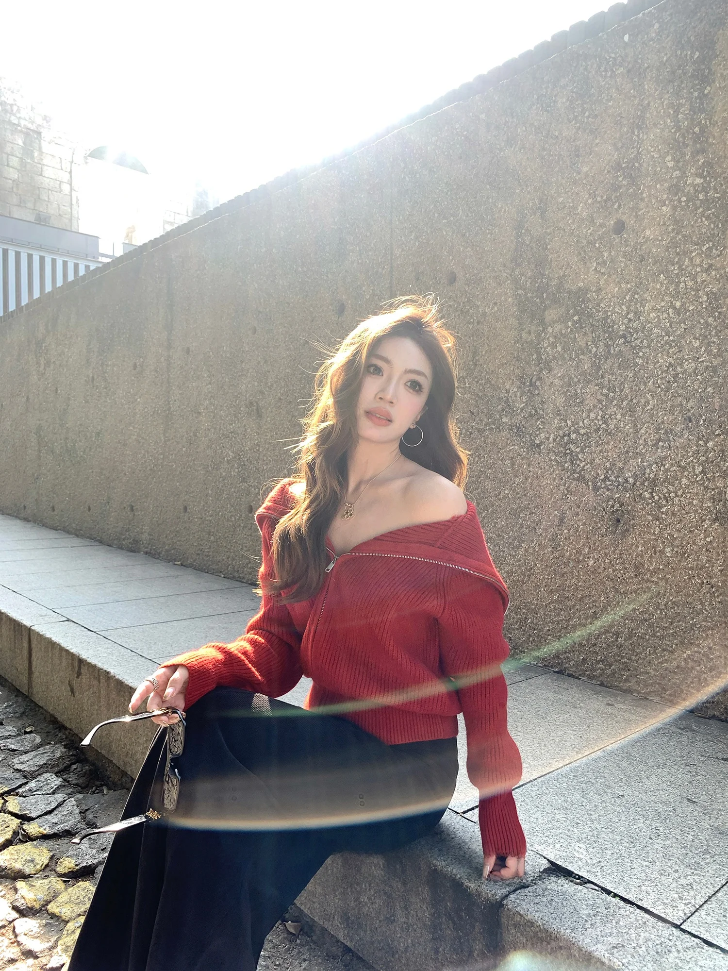 

AeoAlways Red Zipper Knitted Sweater Women's New Style Autumn Winter White Enhancing Loose Fit Cardigan Long Sleeve Color