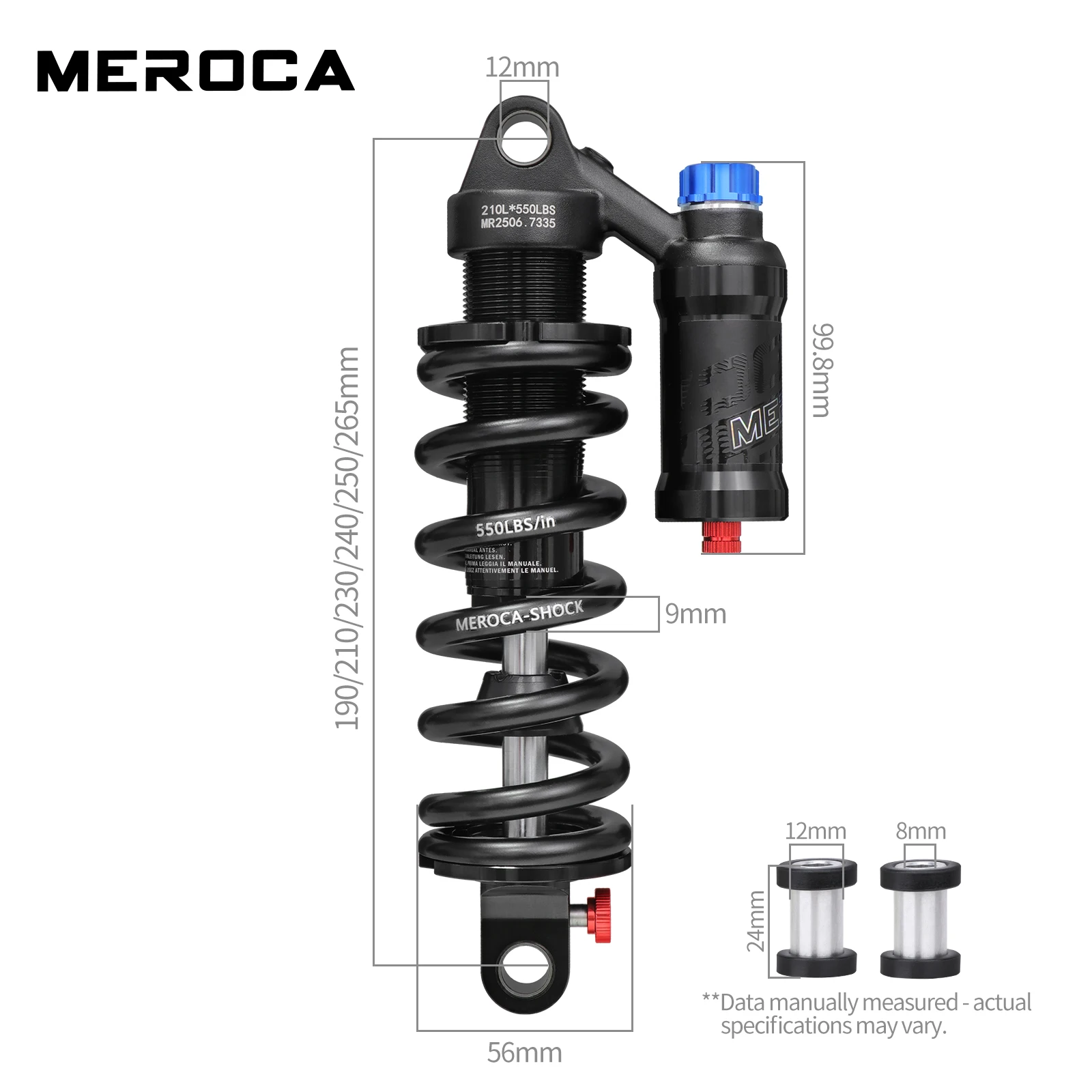 MEROCA Soft Tail MTB Rear Shock Oil Spring 550LBS 190/210/240mm With Bushing Adjustable Compression Damping Bike Shock Absorber